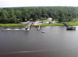 Aerial of Blythe Island Regional park boat ramp in Brunswick GA aerial of blythe island regional park boat ramp